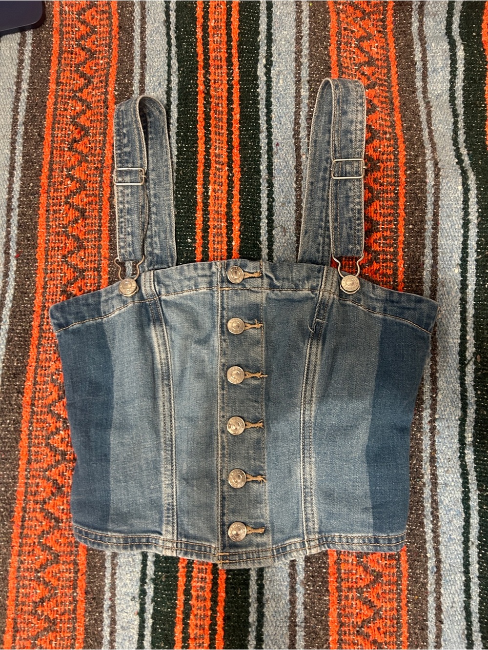 American Eagle Outfitters Washed Blue Denim Button-Front Cropped Overalls Top